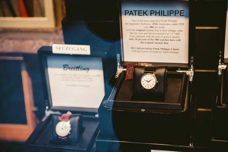 BADEN, BADEN - GERMANY - NOV 20, 2014: Patek Philippe Refernz 2526 luxury watch in the window of a store in Baden-Baden. It is one of the mosthsearched luxury watches worldwideのeditorial素材