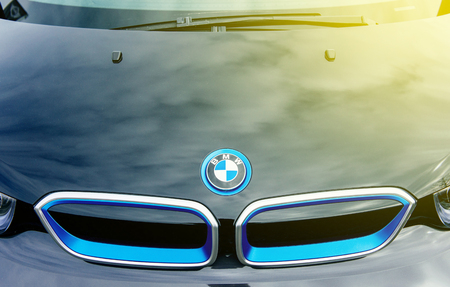 MUNCHEN, GERMANY - APRIL 06, 2015: Abstract Electric BMW i3 front radiator grille detail. Previously Mega City Vehicle (MCV), is a five-door urban electric car developed by the German manufacturer BMW.のeditorial素材