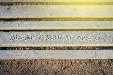 Summer where are u? inscription on park bench covered with snow early in the morning,の写真素材