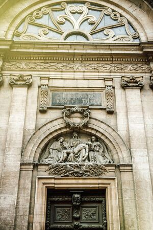 Entrance to Hotel Dieu - the first hospital built in Lyon, Rhone-Alpes, France. It was a hospital of historical significance situated on the west bank of the Rhone riverの写真素材