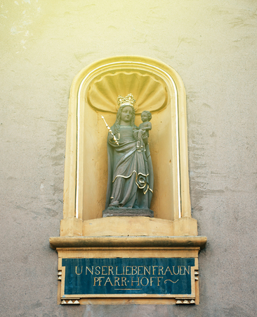 Beautiful Statue of Maria holding Jesus at Liebfrauenkirche (German for Church of Our Lady) - the earliest Gothic church in Germany and falls into the architectural tradition of the French Gothic cathedrals.の写真素材