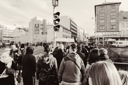 STRASBOURG, FRANCE - DEC 9, 2016: Police check-point verifying all pedestrian before entering city center after extreme secure measures have been taken to prevent any terrorist attacksのeditorial素材