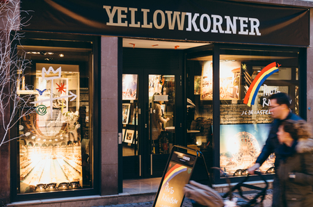 STRASBOURG, FRANCE - DEC 20, 2016: Yellow Korner photographic art gallery facade seen from the street in central Strasbourg, with tourist and locals walkingのeditorial素材