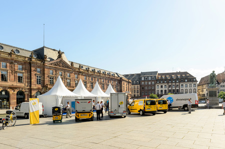 STRASBOURG; FRANCE - JUN 24; 2016: Electric environmentally friendly range of La Poste, CHRONOPOST; DPD delivery vans in center of the city. Chronopost and DPD is part of French group La posteのeditorial素材