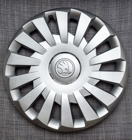 PARIS, FRANCE - DEC 18, 2016: Modern hubcap hub covers for the winter tyres made by Skoda Auto for Skoda Superb, Skoda OCtavia and Skoda Roomster  - online internet shoppingのeditorial素材