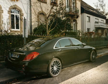 STRASBOURG, FRANCE - NOV 29, 2016: Rear view of Luxury Mercedes-Benz S Klass limousine parked in front of a luxury houseのeditorial素材