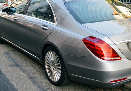 STRASBOURG, FRANCE - DEC 25, 2015: Luxury Mercedes-Benz S Klass detail on European city street with parking assistant sensor and rear cameraのeditorial素材