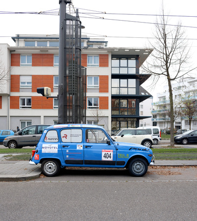 STRASBOURG, FRANCE - DEC 2, 2016: Blue Renault 4, also known as the 4L (pronounced "Quatrelle") on French street. A hatchback economy car produced by the French automaker Renault between 1961 and 1992. It was the first front-wheel drive family car produceのeditorial素材
