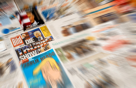 PARIS, FRANCE - JAN 21, 2017: Die Bild German major international newspaper journalism featuring headlines with Donald Trump Show inauguration as the 45th President of the United States in Washington, D.Cのeditorial素材
