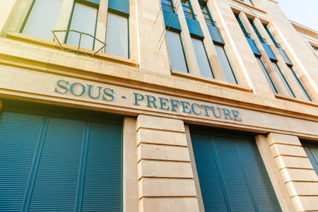 Old Sous-Prefecture signage on building in central Mulhouse, Alsace, Franceの写真素材