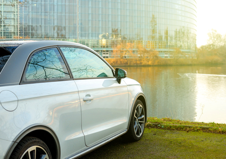 STRASBOURG, FRANCE - FEB 2, 2017: Audi A1 car parked in front of the European Parliament building in Strasbourg, Alsace Franceのeditorial素材