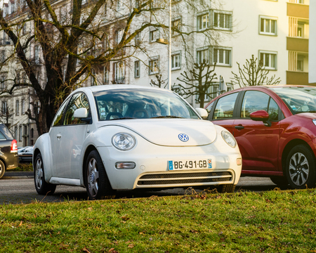 STRASBOURG, FRANCE - FEB 2, 2017: Volkswagen VW Beetle Coccinelle car parked in urban environment. On 18 September 2015, the United States Environmental Protection Agency (EPA) issued a notice of violation of the Clean Air Act to German automaker Volkswagのeditorial素材