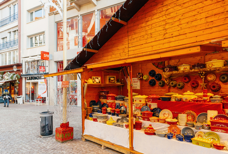 MULHOUSE, FRANCE - DEC 12, 2016: Vintage market stall selling traditional French Alsace Cookware on the streets of Mulhouse during Christmas Marketのeditorial素材