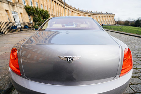 BATH, UNITED KINGDOM - MAR 8, 2017: Rear view of luxury Bentley Mulsanne limousine car with the...