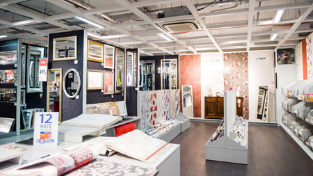 BUCHAREST, ROMANIA - APR 1, 2016: Interior of KIKA store selling diverse models of tapestry rug mat and other ready-to-assemble furniture, kitchen appliances and home accessoriesのeditorial素材