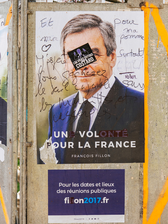 STRASBOURG, FRANCE - APR 12, 2017: Official campaign posters of François Fillon political party leader of Les Republicains (LR), ones of the eleven candidates running in the 2017 French presidential electionのeditorial素材