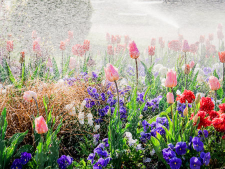 Fresh Spring park scene with rain over beautiful tulips in luxury garden - watering flowers artificial or natural rain - sun flareの写真素材