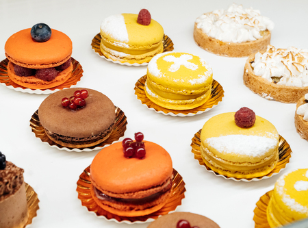 Selection of French sweets in store Macarons gluten-freeの写真素材