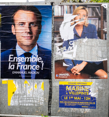 STRASBOURG, FRANCE - MAY 7, 2017: French city with vandalized Le pen poster newar poling place during the second round of the French presidential election to choose between Emmanuel Macron and Marine Le Penのeditorial素材