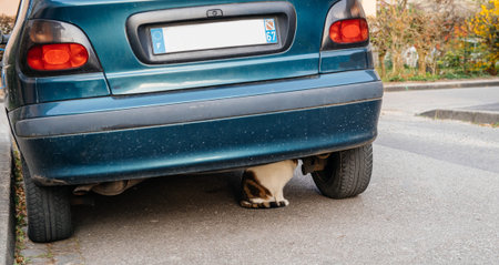 Cat hiding under car parked on a streetの写真素材