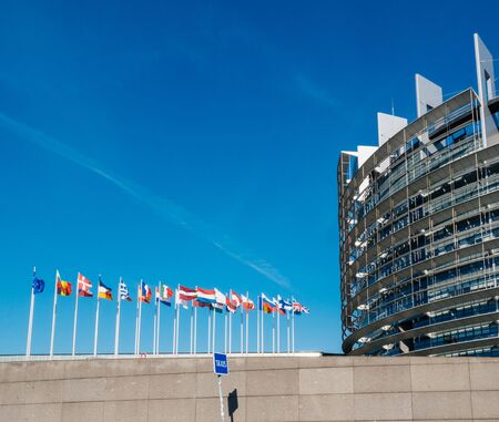 European Union flag fly half-mast European Parliament building memory of victims terrorist explosion Manchester Arena Ariana Grande concertの写真素材