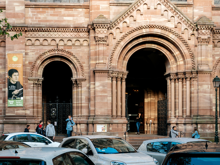 STRASBOURG, FRANCE - APR 27, 2017: Entrance to the Temple Neuf church in Strasbourg. The Temple Neuf in Strasbourg is a Lutheran church built on the site of the former Dominican convent where Meister Eckhart studiedのeditorial素材