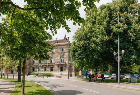 STRASBOURG, FRANCE - MAY 18, 2016: Detail of the Majestic Palais du Rihn  Palace of the Rhine the former Kaiserpalast (Imperial palace), is a building situated in the German (north-east) quarter of Strasbourg (Neustadt) dominating the Place de la Republiqのeditorial素材