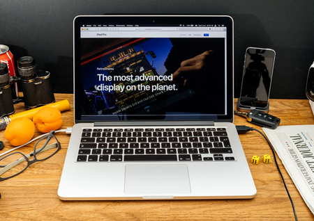 PARIS, FRANCE - JUNE 6, 2017: Apple Computers website on MacBook Retina in creative environment showcasing latest news from Apple at WWDC 2017 - The most advanced display on the planet about retinaのeditorial素材