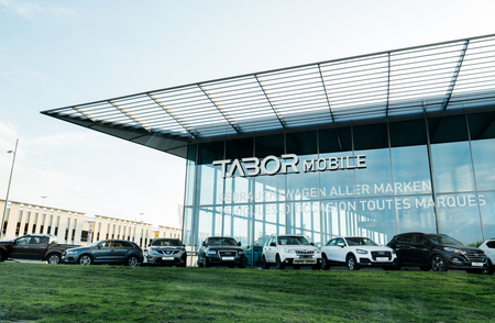 RASTATT, GERMANY - APR 13, 2017: German car auto dealer Tabor in central Kehl with multiple Audi, Wolkswagen, BMW, Mercedes-Benz and other brands for saleのeditorial素材