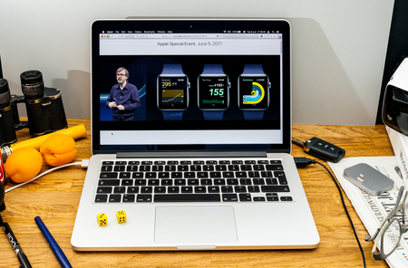 PARIS, FRANCE - JUNE 6, 2017: Apple Computers website on MacBook laptop in creative environment showcasing news from Apple at WWDC 2017 - Kevin Lynch about Apple Watch workoutのeditorial素材
