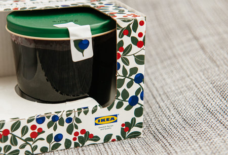 PARIS, FRANCE - OCT 25, 2016: IKEA food package - Swedish jam made from organic lingonberry and blueberry fruits. IKEA Foods is a division of IKEA furniture. IKEA is a Scandinavian chain selling ready-to-assemble furniture, plus housewares, in a warehouseのeditorial素材