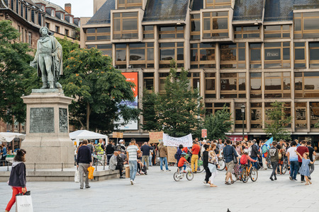 STRASBOURG, FRANCE - JUL 12, 2017: Protesters in Place Kleber as Melenchon called for day of protest against Macron government spending cuts and pro-business tax and labor reformsのeditorial素材