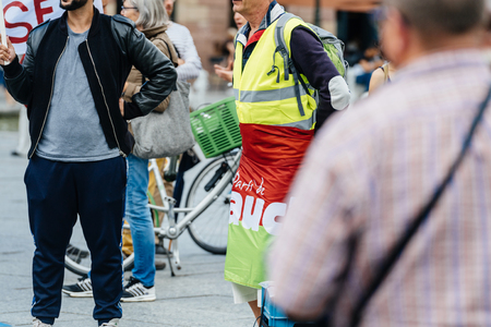 STRASBOURG, FRANCE - JUL 12, 2017: Protesters in city as Melenchon called for day of protest against Macron government spending cuts and pro-business tax and labor reformsのeditorial素材