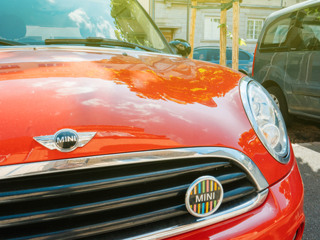PARIS, FRANCE - APR 28, 2017: Front view of the Mini sport British car parked on a street in Parisのeditorial素材