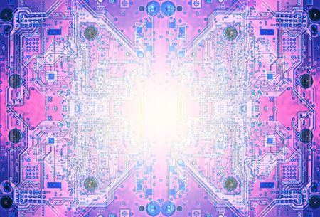 Purpe circuit board of a modern computer IT component with whiteflare artificial intelligence 