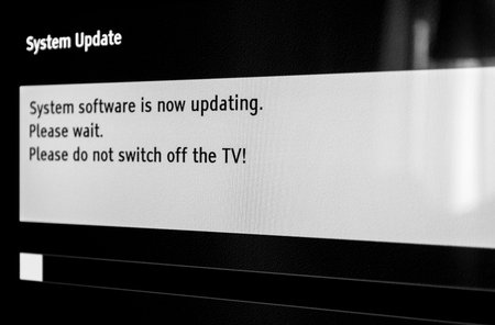 System update software process on a modern television set in living room with message System...