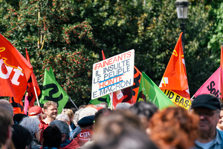 STRASBOURG, FRANCE - SEPT 12, 2017: General Confederation of Labour flags at political march during a French Nationwide day of protest against the labor reform proposed by Emmanuel Macron Governmentのeditorial素材