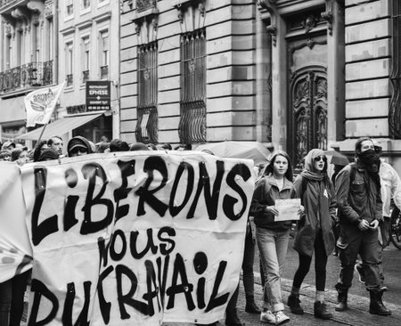 STRASBOURG, FRANCE - SEPT 12, 2017: Masked people with Soyons Revolutionnaires translated as Be...