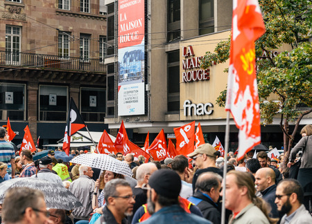 STRASBOURG, FRANCE - SEPT 12, 2017: General Confederation of Labour flags at political march during a French Nationwide day of protest against the labor reform proposed by Emmanuel Macron Governmentのeditorial素材