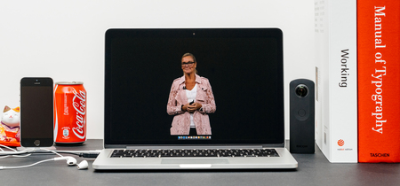 PARIS, FRANCE - SEP 13, 2017: Minimalist creative room with Safari Browser open on MacBook Pro laptop showcasing Apple Keynote website Apple retail chief Angela Ahrendts for a retail-focused update.のeditorial素材