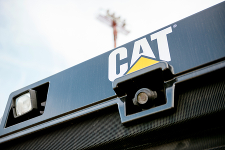 PARIS, FRANCE - SEP 5, 2014 Rear-view camera on the yellow bulldozer tractor constriction industrial machine with CAT Caterpillar logotypeのeditorial素材
