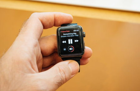 PARIS, FRANCE - SEP 22, 2017: New Apple Watch Series 3 goes on sale in Apple Store with iTunes play...