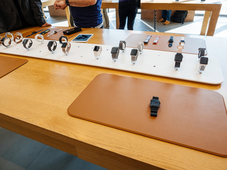 PARIS, FRANCE - SEP 22, 2017: New Apple Watch Series 3 goes on sale in Apple Store with presentation to customers of the plethora of watches and strapsのeditorial素材