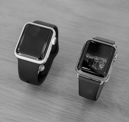 PARIS, FRANCE - SEP 22, 2017: New Apple Watch Series 3 goes on sale in Apple Store with Gold and ceramic watch exclusive modelのeditorial素材