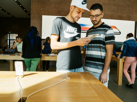 PARIS, FRANCE - SEP 22, 2017: New iPhone 8 and iPhone 8 Plus, as well the updated Apple Watch, Apple...