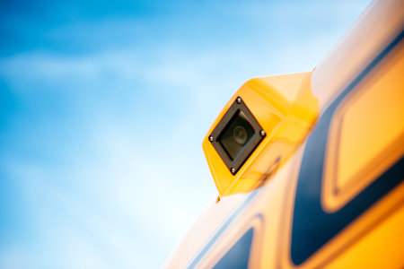 Surveillance security camera on a modern industrial vehicle on a construction siteの写真素材