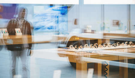 STRASBOURG, FRANCE - NOV 3, 2017: City reflection of Apple Store with Apple Watch Series 3 range waiting for the customersのeditorial素材