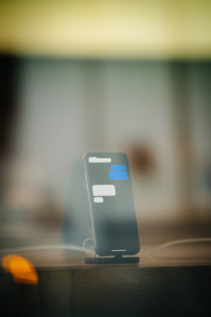 STRASBOURG, FRANCE - NOV 3, 2017: Latest Apple iPhone X goes on sale in Apple Store worldwide - demonstration animation of the phone charging in docking stationのeditorial素材