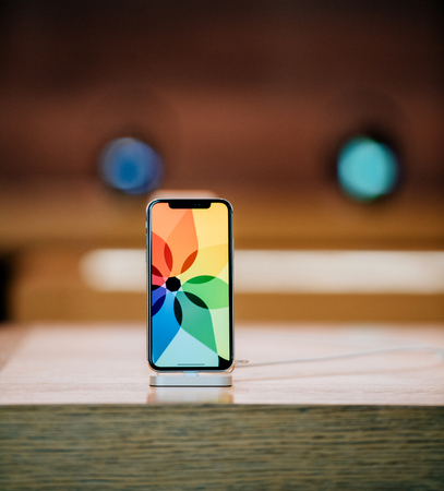 STRASBOURG, FRANCE - NOV 3, 2017: Latest Apple iPhone X goes on sale in Apple Store worldwide - super retina OLED display with demonstration effectsのeditorial素材