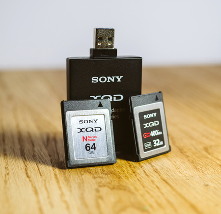 PARIS, FRANCE - MAR 26, 2017: New XQD data memory card and reader made by SONY used in Nikon and Sony video photo products for high speed storage of contentのeditorial素材